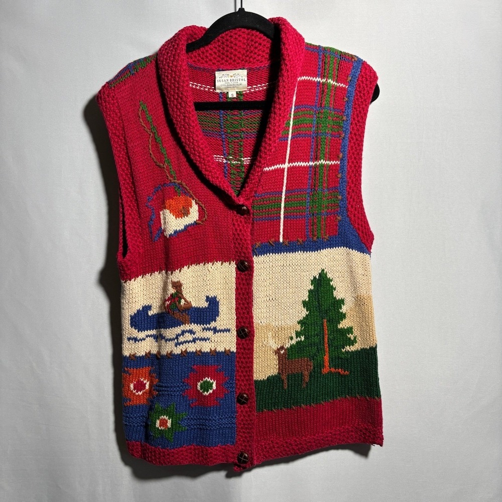 VTG 90s Camping Outdoor Scene Fishing River Deer Hand Knit Sweater Vest Womens S